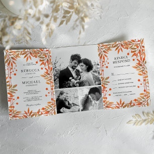 Rustic Fall Autumn Leaves Photo Collage Wedding Tri-Fold Invitation