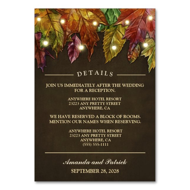 Rustic Fall Autumn Leaves Reception + Hotel Cards (Front)