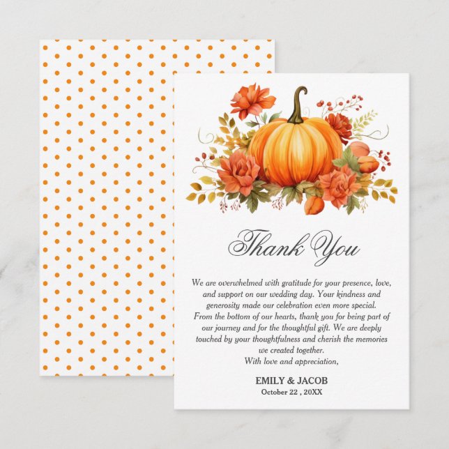 Rustic Fall Autumn Pumpkin Wedding  Thank You Card (Front/Back)