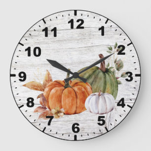 Rustic Fall Autumn Pumpkins Greenery Barn Wood Large Clock