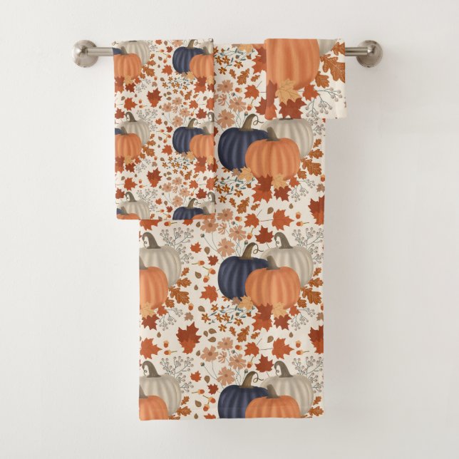 Rustic Fall Autumn Pumpkins Wildflowers Leaves Bath Towel Set (Insitu)