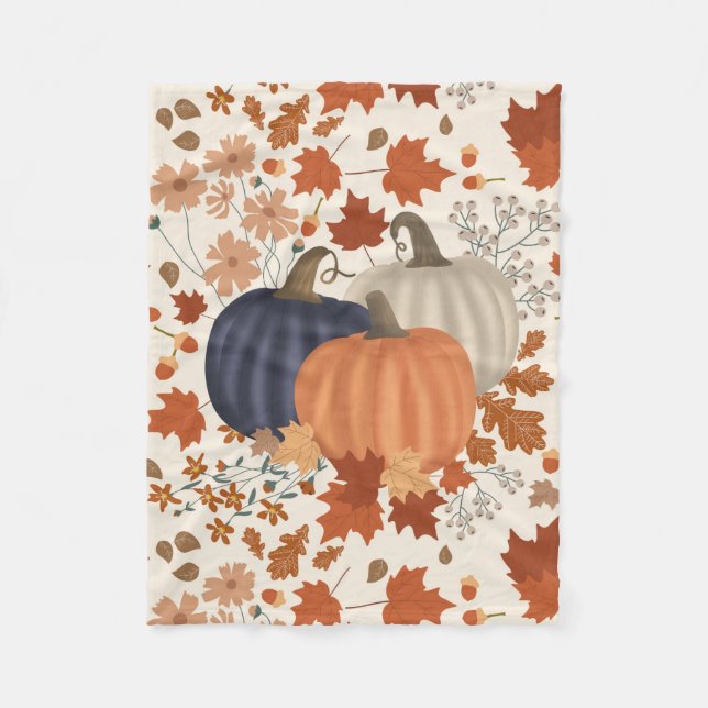 Rustic Fall Autumn Pumpkins Wildflowers Leaves Fleece Blanket (Front)