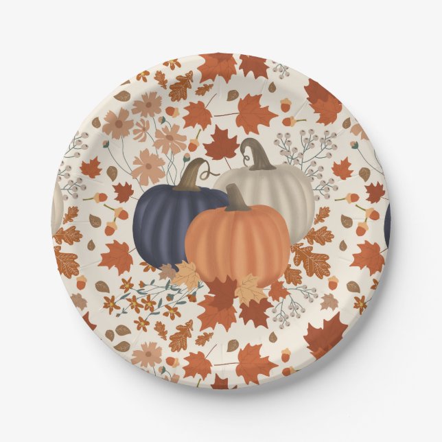 Rustic Fall Autumn Pumpkins Wildflowers Leaves Paper Plate (Front)