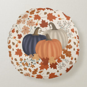 Rustic Fall Autumn Pumpkins Wildflowers Leaves Round Cushion