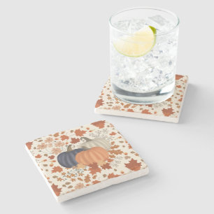 Rustic Fall Autumn Pumpkins Wildflowers Leaves Stone Coaster