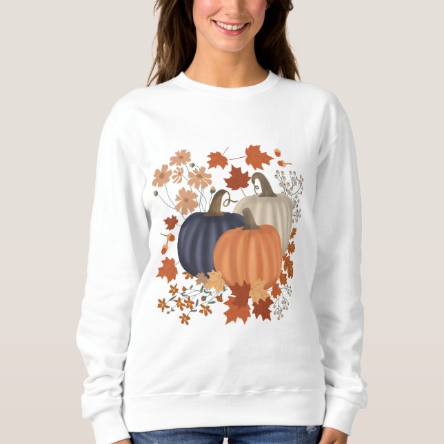 Rustic Fall Autumn Pumpkins Wildflowers Leaves Sweatshirt (Front)