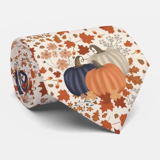 Rustic Fall Autumn Pumpkins Wildflowers Leaves Tie (Rolled)