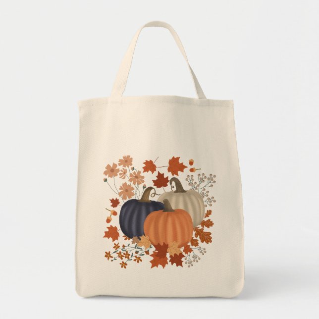 Rustic Fall Autumn Pumpkins Wildflowers Leaves Tote Bag (Front)