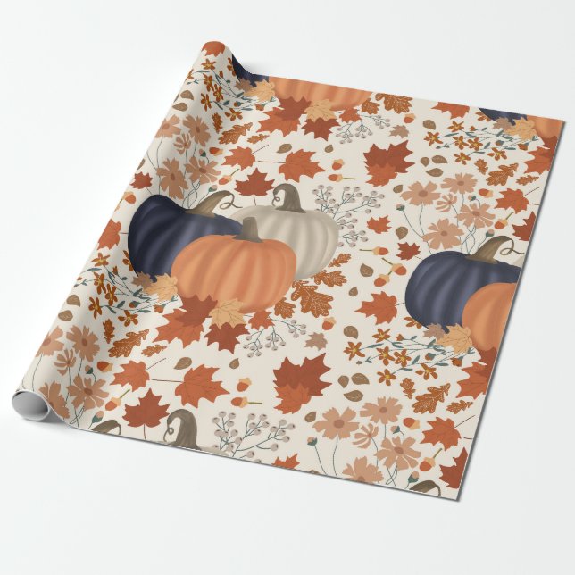 Rustic Fall Autumn Pumpkins Wildflowers Leaves Wrapping Paper (Unrolled)