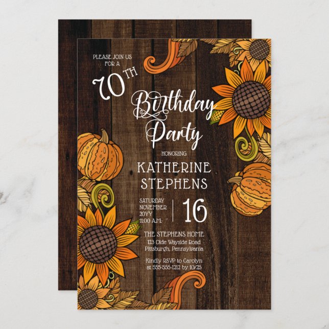 Rustic Fall |Autumn Sunflowers 70th Birthday Party Invitation (Front/Back)