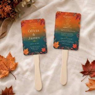 Rustic Fall Autumn Teal and Orange Leaves Ceremony Hand Fan