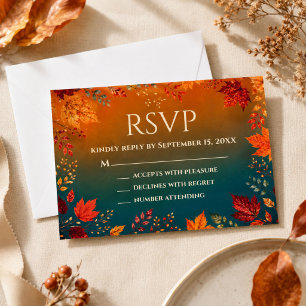 Rustic Fall Autumn Teal and Orange Leaves RSVP Card