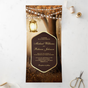 Rustic Fall Autumn Tree Lamp String Lights Wedding Tri-Fold Invitation