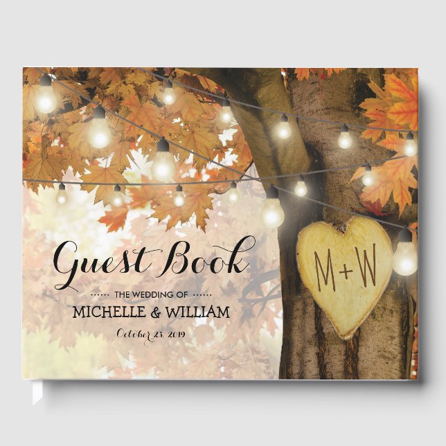 Rustic Fall Autumn Tree Twinkle Lights Wedding Guest Book (Front)