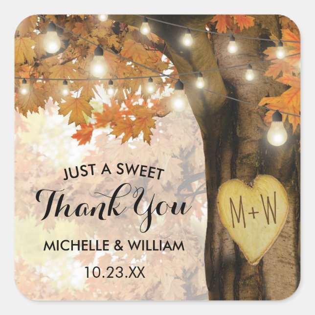 Rustic Fall Autumn Tree Twinkle Lights Wedding Square Sticker (Front)