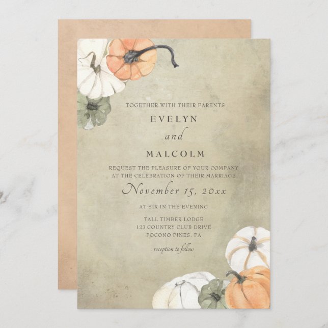 Rustic Fall Autumn White, Orange Pumpkins Wedding Invitation (Front/Back)