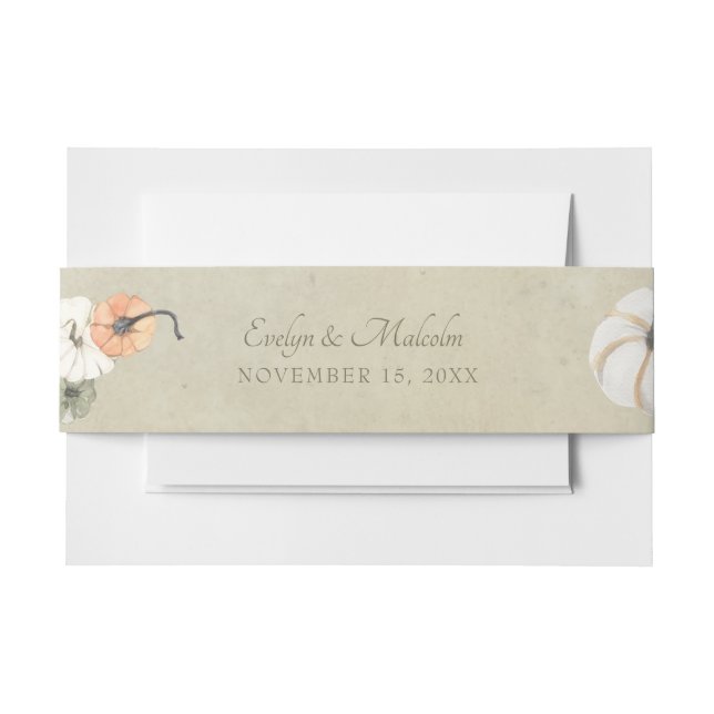 Rustic Fall Autumn White, Orange Pumpkins Wedding Invitation Belly Band (Front Example)