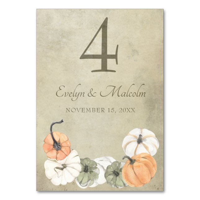 Rustic Fall Autumn White, Orange Pumpkins Wedding Table Number (Front)