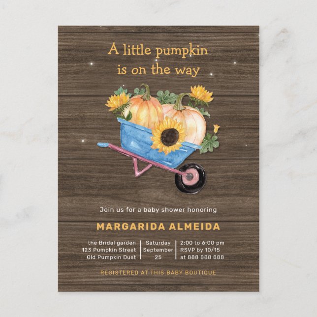 Rustic Fall Baby Shower Boy Little Pumpkin Autumn Invitation Postcard (Front)