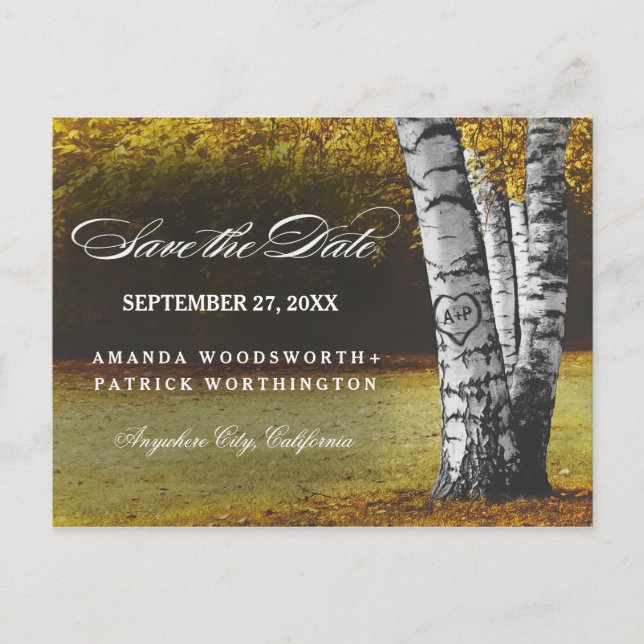 Rustic Fall Birch Tree Country Save The Date Announcement Postcard (Front)