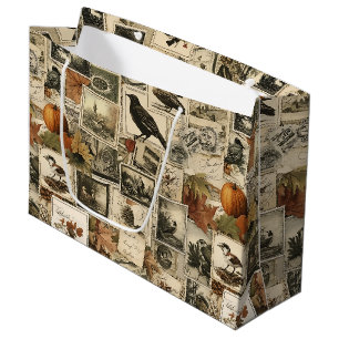 Rustic Fall Birds Pumpkins Antique Postage Large Gift Bag