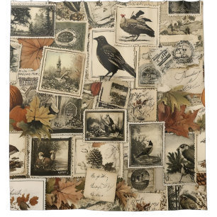 Rustic Fall Birds Pumpkins Antique Postage Shower Curtain