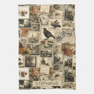 Rustic Fall Birds Pumpkins Antique Postage Tea Towel
