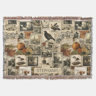 Rustic Fall Birds Pumpkins Antique Postage Throw Blanket