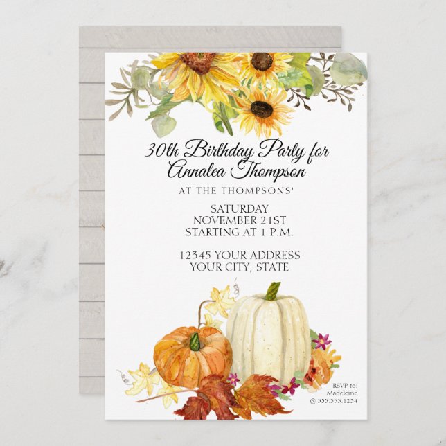 Rustic Fall Birthday Party Pumpkin Leaf Sunflower Invitation (Front/Back)