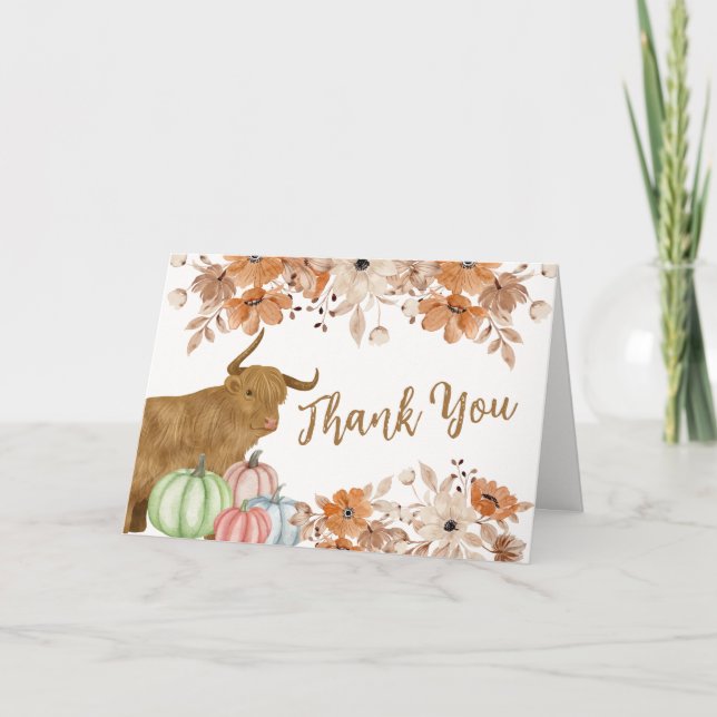 Rustic Fall Boho Floral Highland Cow Baby Shower  Thank You Card (Front)