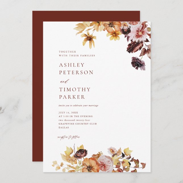 Rustic Fall Boho Floral Wedding Invitation (Front/Back)