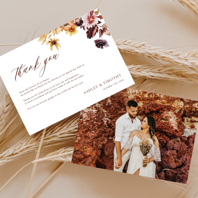 Rustic Fall Boho Wedding Photo Thank You Card (Creator Uploaded)