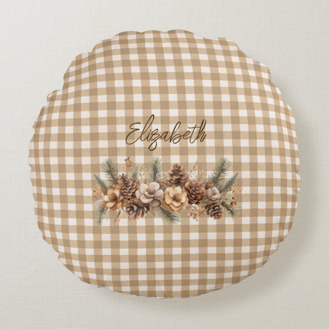 Rustic Fall Botanical Brown Gingham Personalised  Round Cushion (Front)