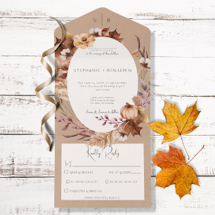 Rustic Fall Brown Floral & Leaves Dinner All In One Invitation