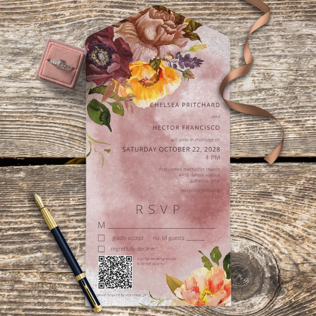 Rustic Fall Burgundy Yellow Floral Wine QR Code All In One Invitation (Creator Uploaded)