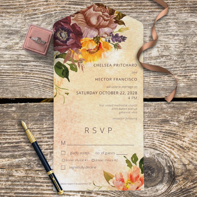 Rustic Fall Burgundy & Yellow Floral Yellow Dinner All In One Invitation (Creator Uploaded)