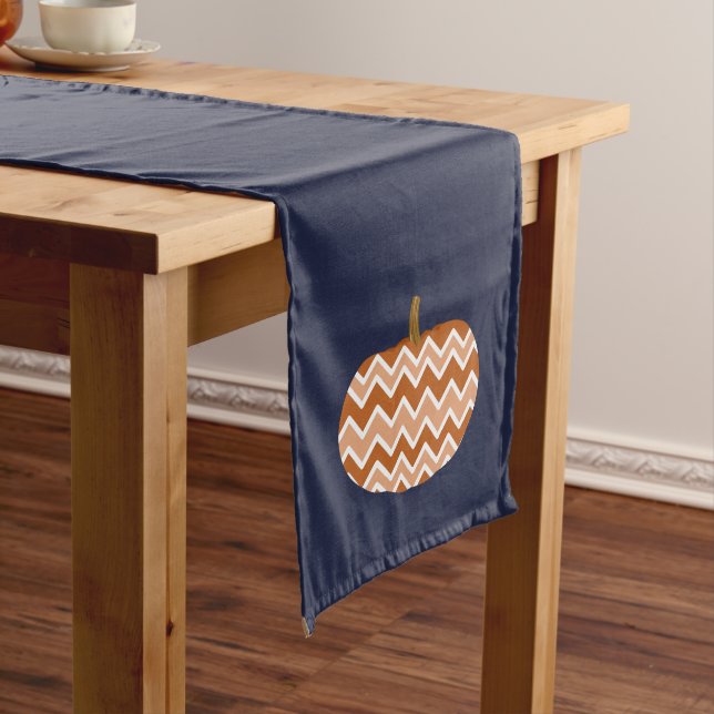 Rustic Fall Chevrons Pumpkins & Navy Blue Long Table Runner (In Situ)