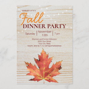 Rustic Fall Dinner Party String Lights Wood Invitation