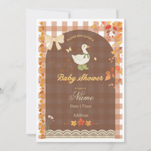 Rustic Fall Duck Country Gingham & Autumn Leaves Invitation