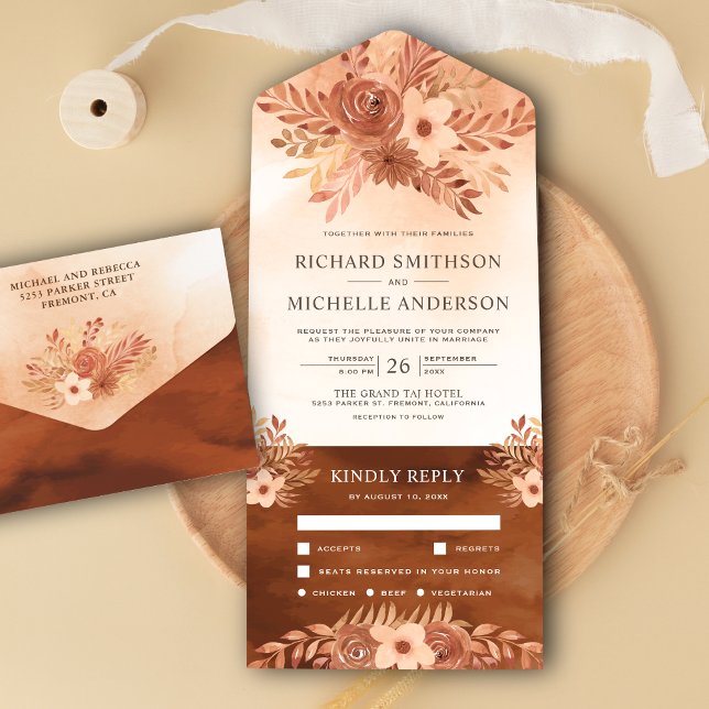Rustic Fall Earthy Floral Burnt Orange Wedding All In One Invitation (Creator Uploaded)