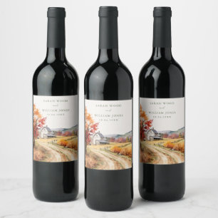 Rustic fall farm linen print Wedding Wine Label