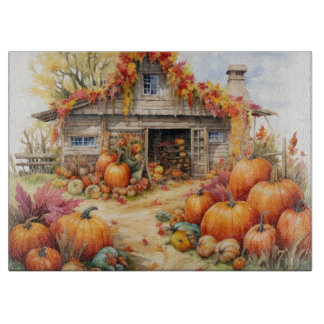 RUSTIC FALL FARMHOUSE WITH AUTUMN PUMPKINS CUTTING BOARD