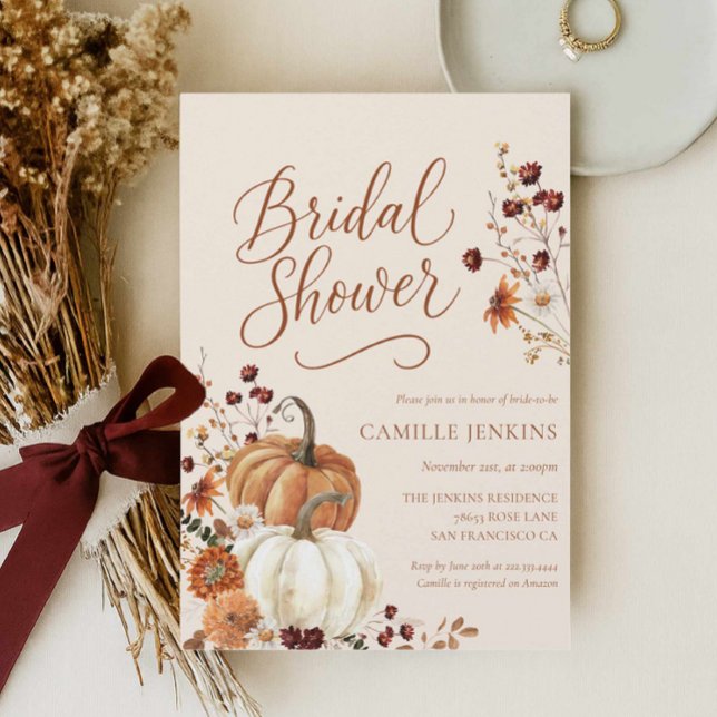 Rustic Fall Floral Bridal Shower Invitation (Rustic Orange Pumpkin Fall Bridal Shower invitation)