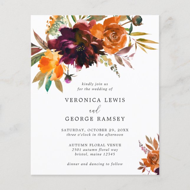 Rustic Fall Floral Budget Wedding Invitation (Front)