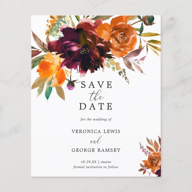 Rustic Fall Floral Budget Wedding Save the Date (Front)