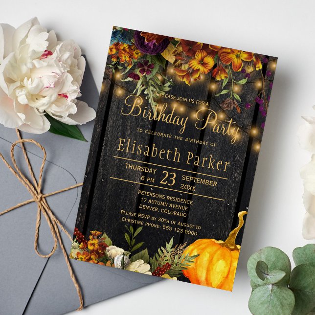 Rustic fall floral elegant barn wood birthday invitation (Creator Uploaded)