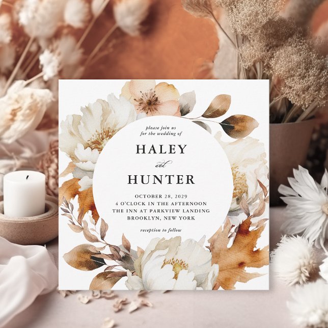 Rustic Fall Floral Elegant Wedding Invitation (Luxurious fall florals in this rustic square shaped wedding invitation.)