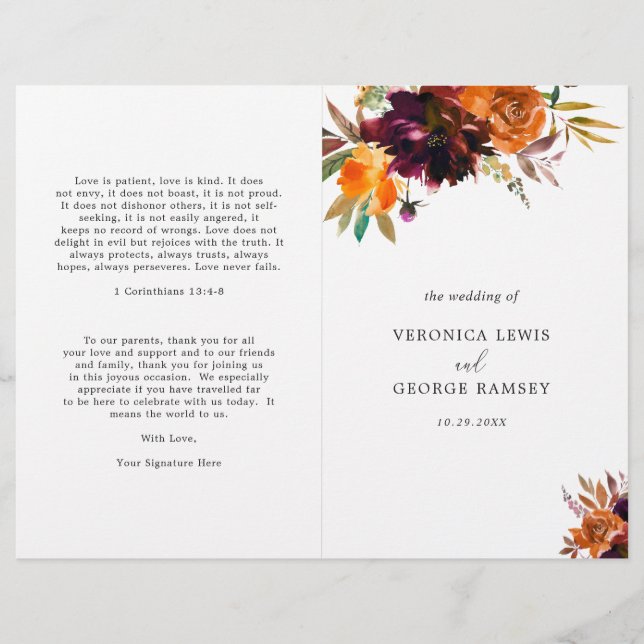 Rustic Fall Floral Elegant Wedding Program (Front)
