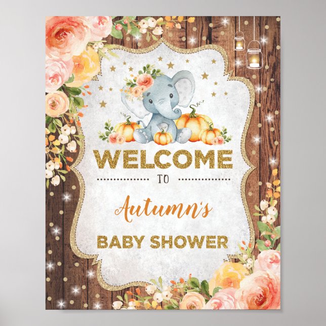 Rustic Fall Floral Elephant Baby Shower Welcome Poster (Front)