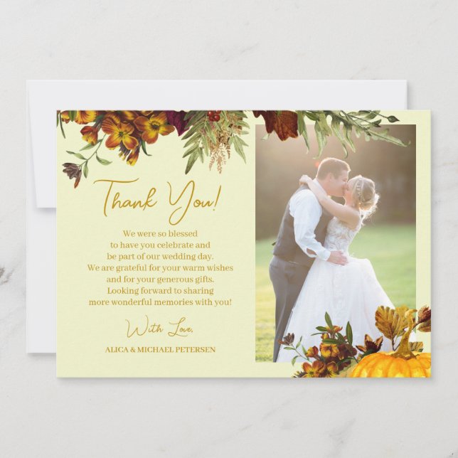 Rustic fall floral gold script photo wedding thank you card (Front)